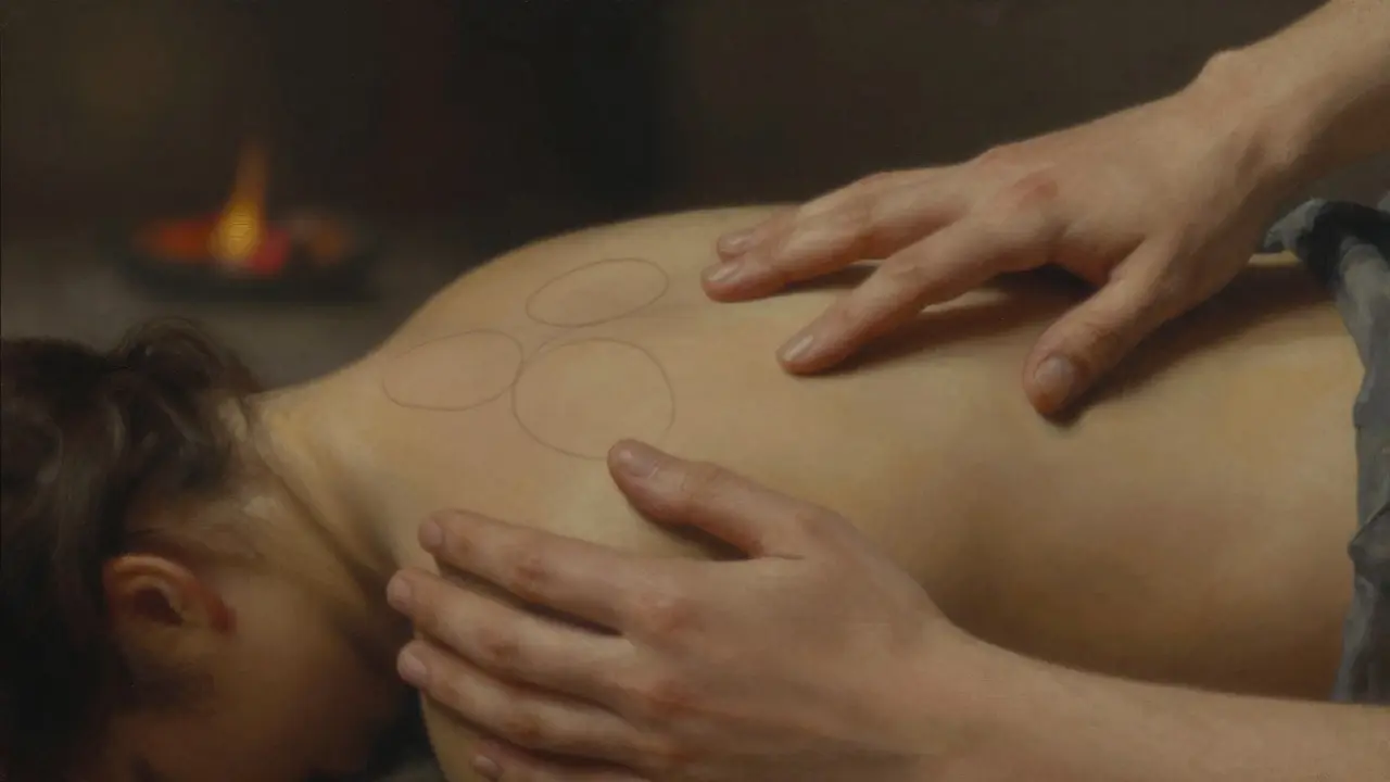 Hai bàn tay đang chạm vào vai và đùi của một người đang nằm yên, không gian xung quanh tối và yên tĩnh.