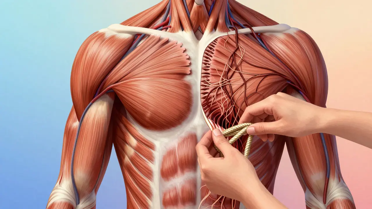 Hình ảnh so sánh mô cơ khỏe mạnh và mô dính kết, với bàn tay đang giải phóng các lớp mô bị dính.