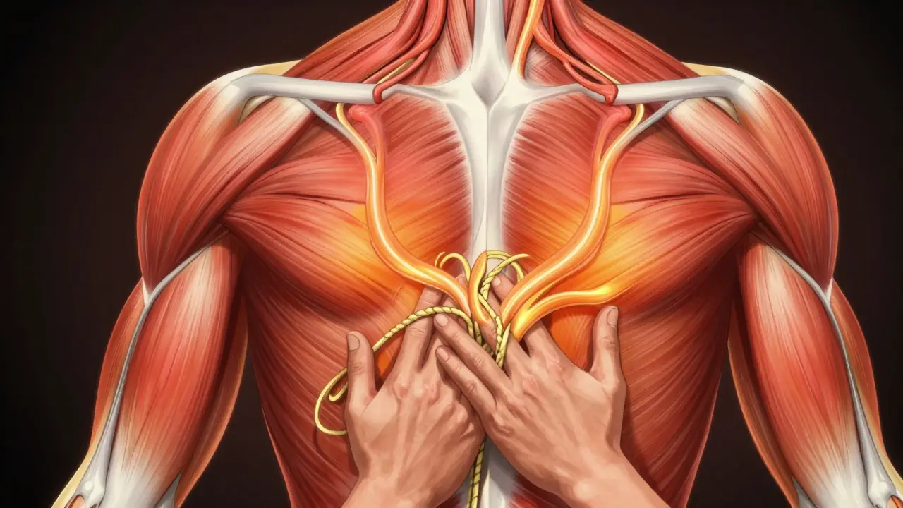 Hình cắt ngang cơ bắp lưng với điểm căng và dòng máu được minh họa bằng ánh sáng.