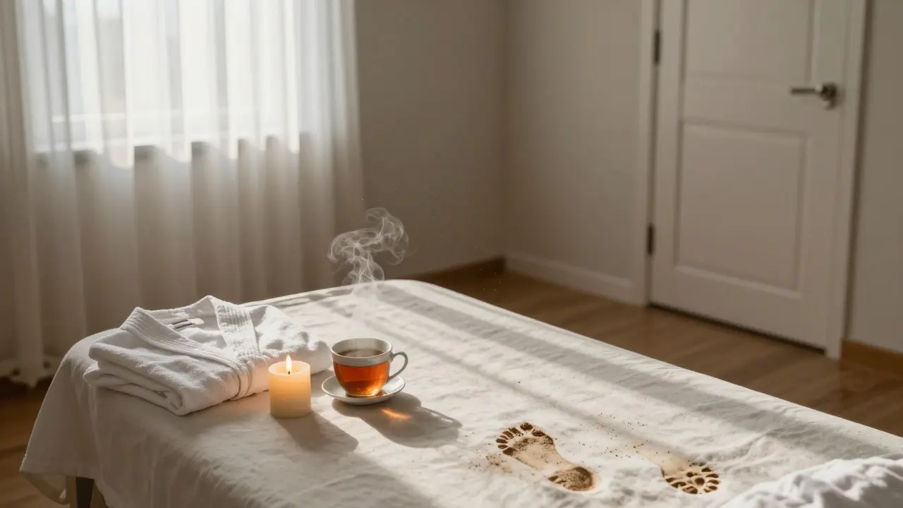 Phòng massage trống vắng vào buổi sáng, nến còn cháy, áo choàng gấp gọn và tách trà nóng để trên bàn.
