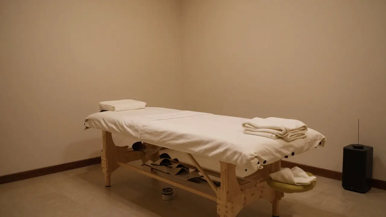 Phòng trị liệu trống vắng vào buổi sáng, bàn massage được chuẩn bị sẵn, không có người, chỉ còn lại không khí tĩnh lặng và thanh khiết.