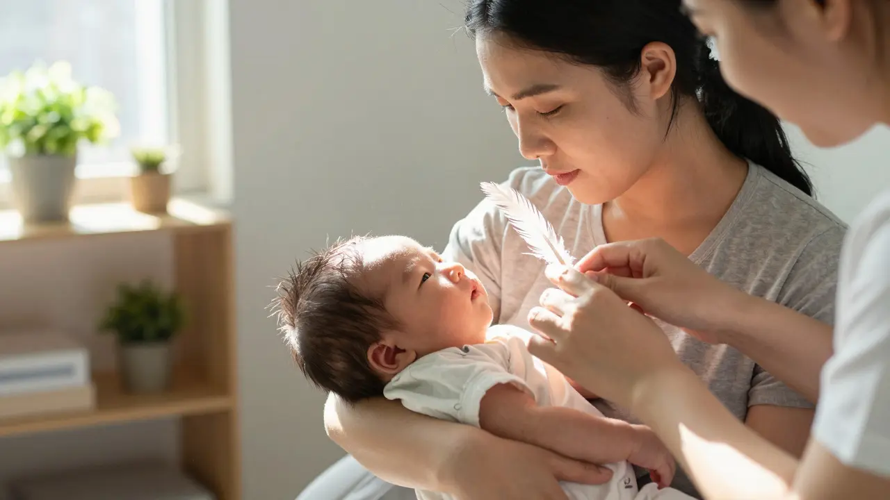 A mother holding her baby while a therapist performs craniosacral therapy with gentle touch.