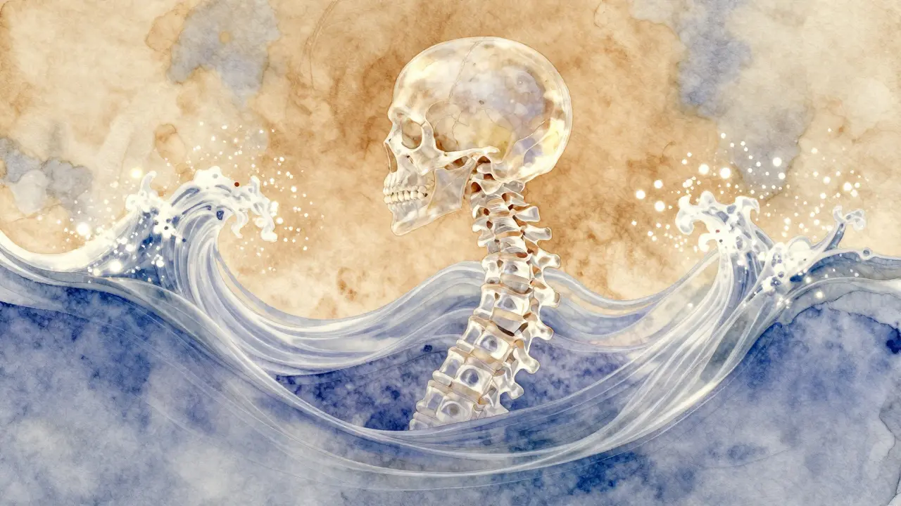 Abstract visualization of cerebrospinal fluid flowing in rhythmic waves along the spine and skull.