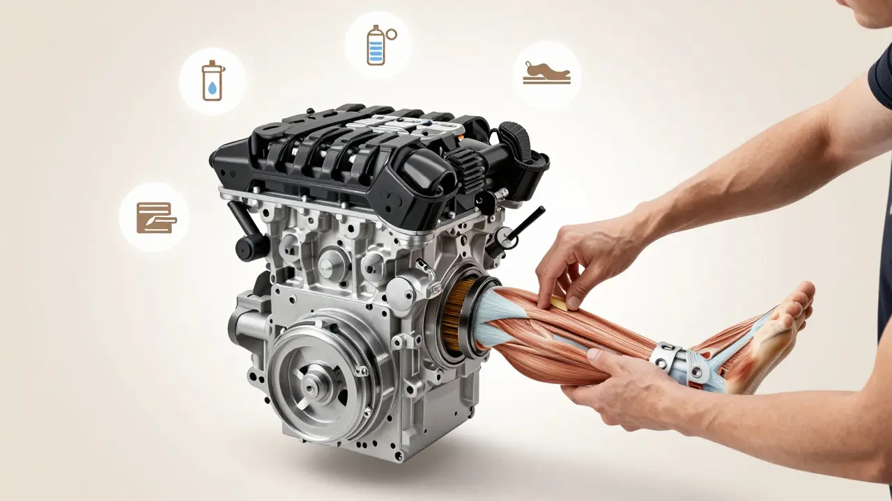 Athlete's leg anatomy compared to a tuned engine, with hands adjusting muscles and tendons.