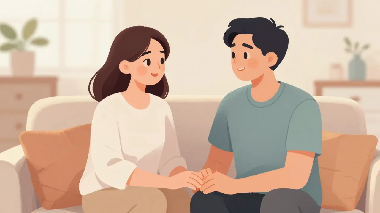 Cặp đôi ngồi gần nhau, nắm tay, ánh sáng ấm áp.