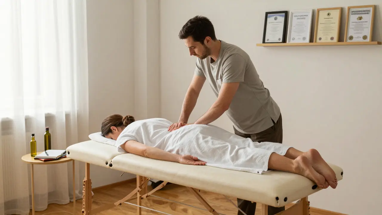 Chuyên gia massage đang thực hiện kỹ thuật sâu tại căn hộ hiện đại ở Smíchov, với chứng nhận hành nghề và ánh sáng tự nhiên chiếu vào phòng.