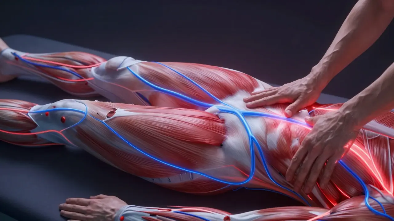 Human body with glowing pathways showing improved blood flow and reduced inflammation from massage.