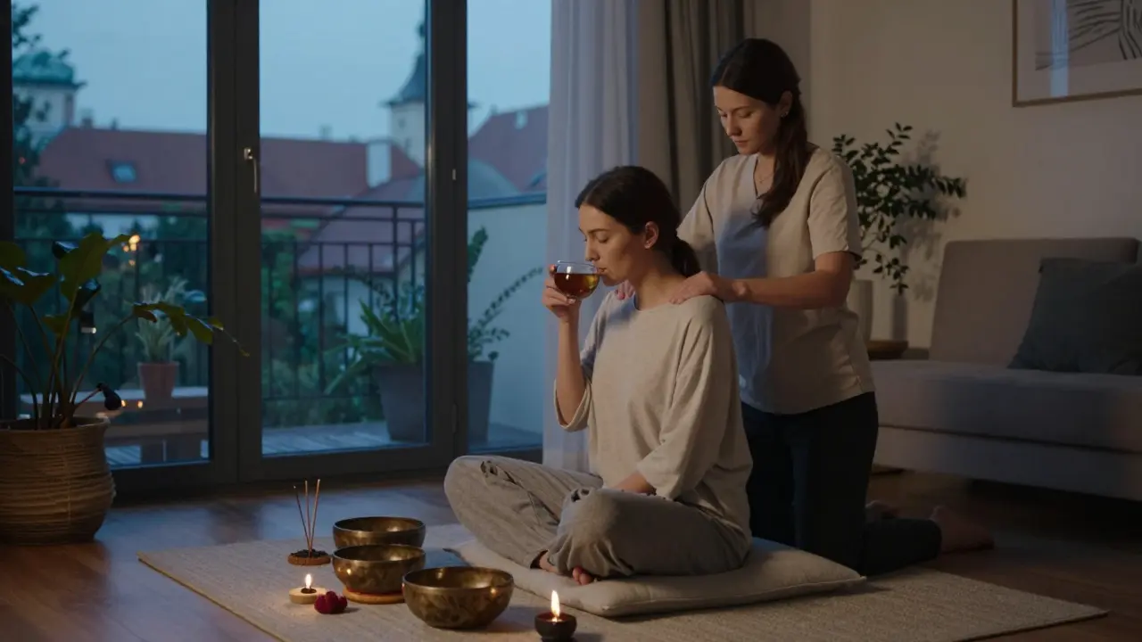 Khách nữ đang thư giãn sau buổi massage aromatherapy trong không gian yên tĩnh ở Holešovice, với trà thảo mộc và hương thơm nhẹ nhàng.