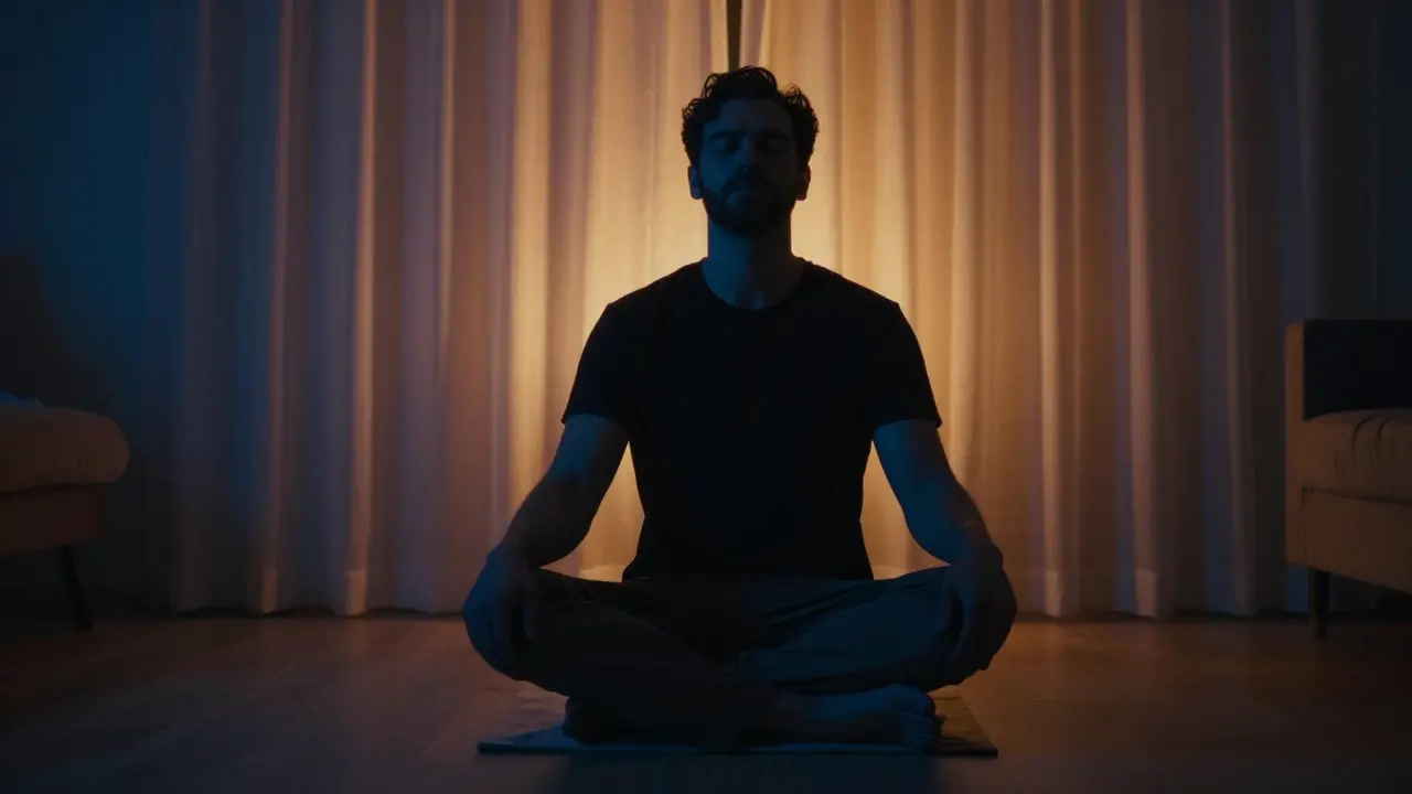 Người đàn ông thư giãn, nhắm mắt trong phòng ấm áp.