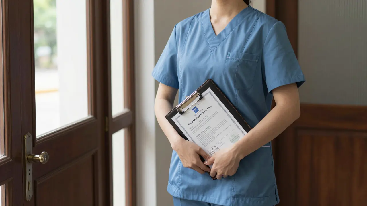 Nhân viên mặc đồng phục chuyên nghiệp cầm tập hồ sơ xác nhận dịch vụ.