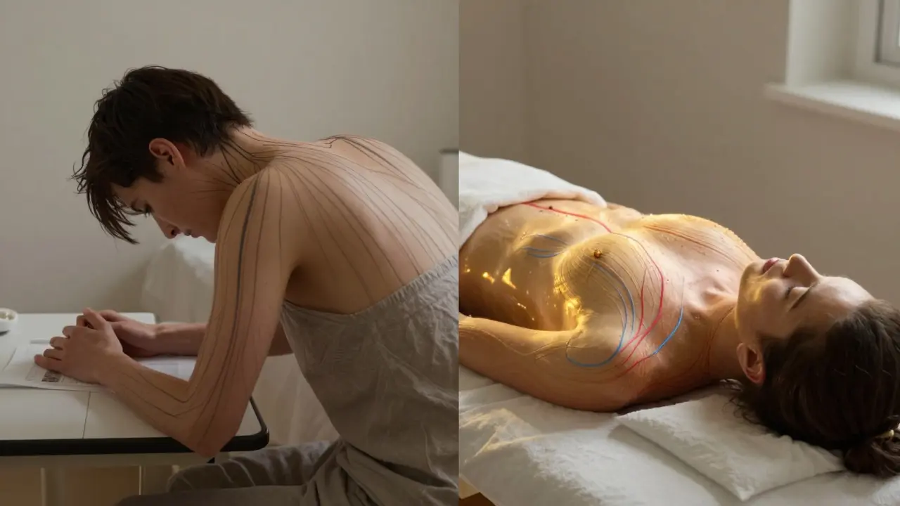 So sánh hình ảnh trước và sau mát-xa: căng thẳng chuyển thành thư giãn với luồng năng lượng nhẹ nhàng.