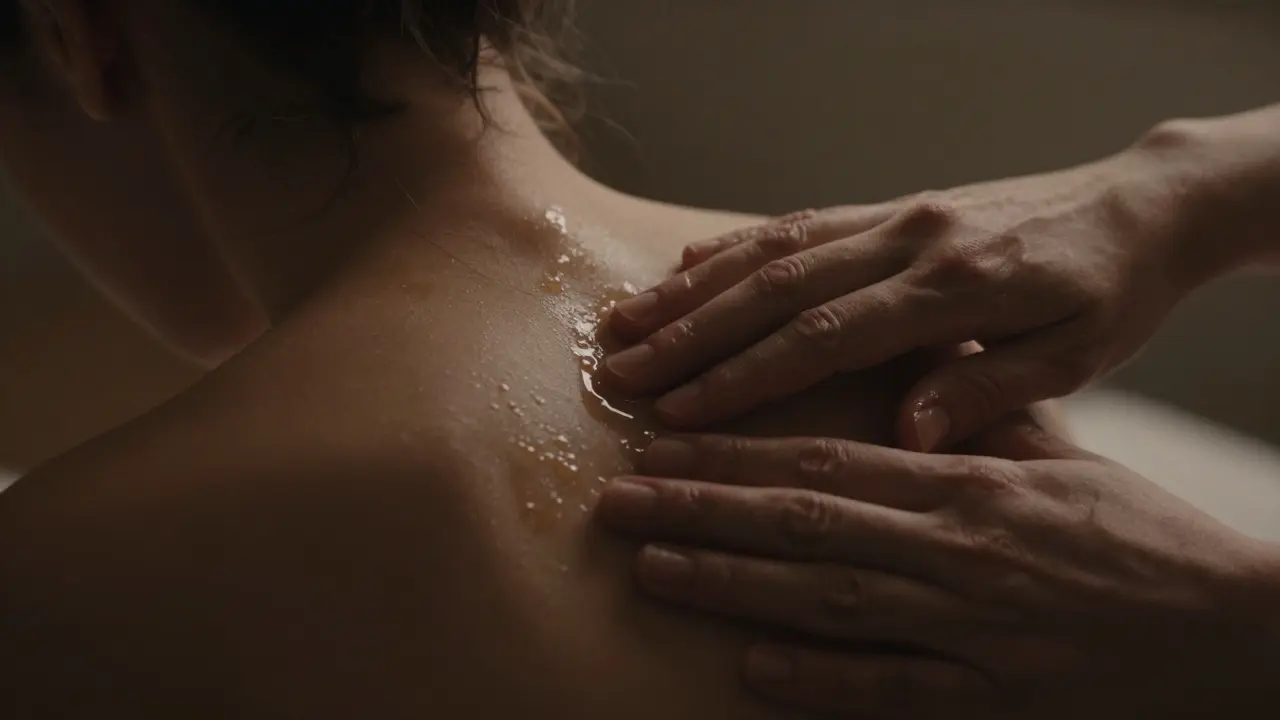 Cận cảnh bàn tay massage nhẹ nhàng lên vai đối phương trong ánh sáng ấm
