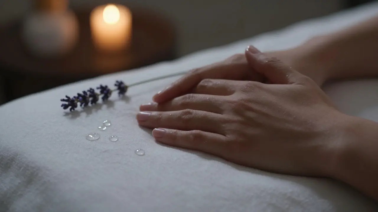 Cận cảnh những bàn tay chạm nhau nhẹ nhàng trong không gian massage thư giãn