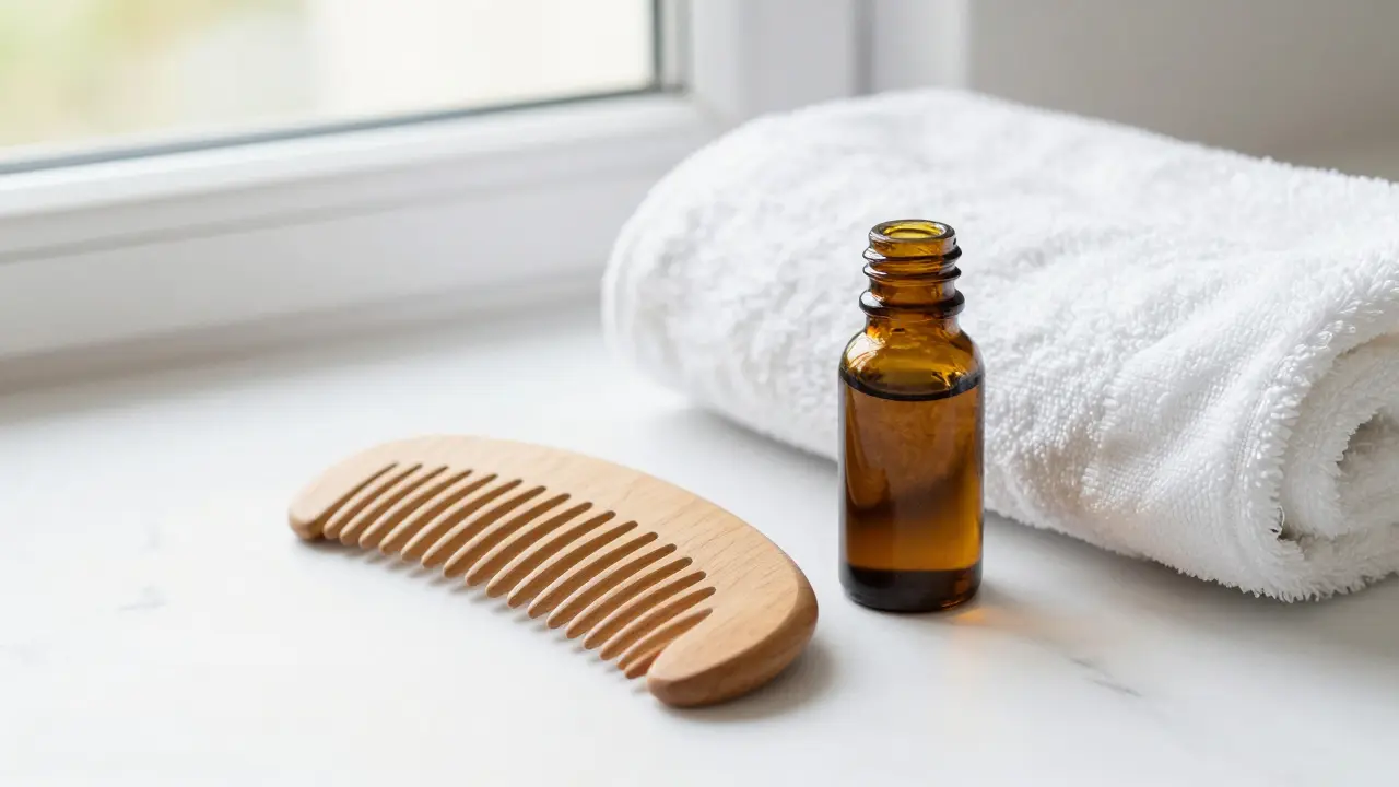 Lược gỗ massage và tinh dầu chăm sóc tóc tại nhà