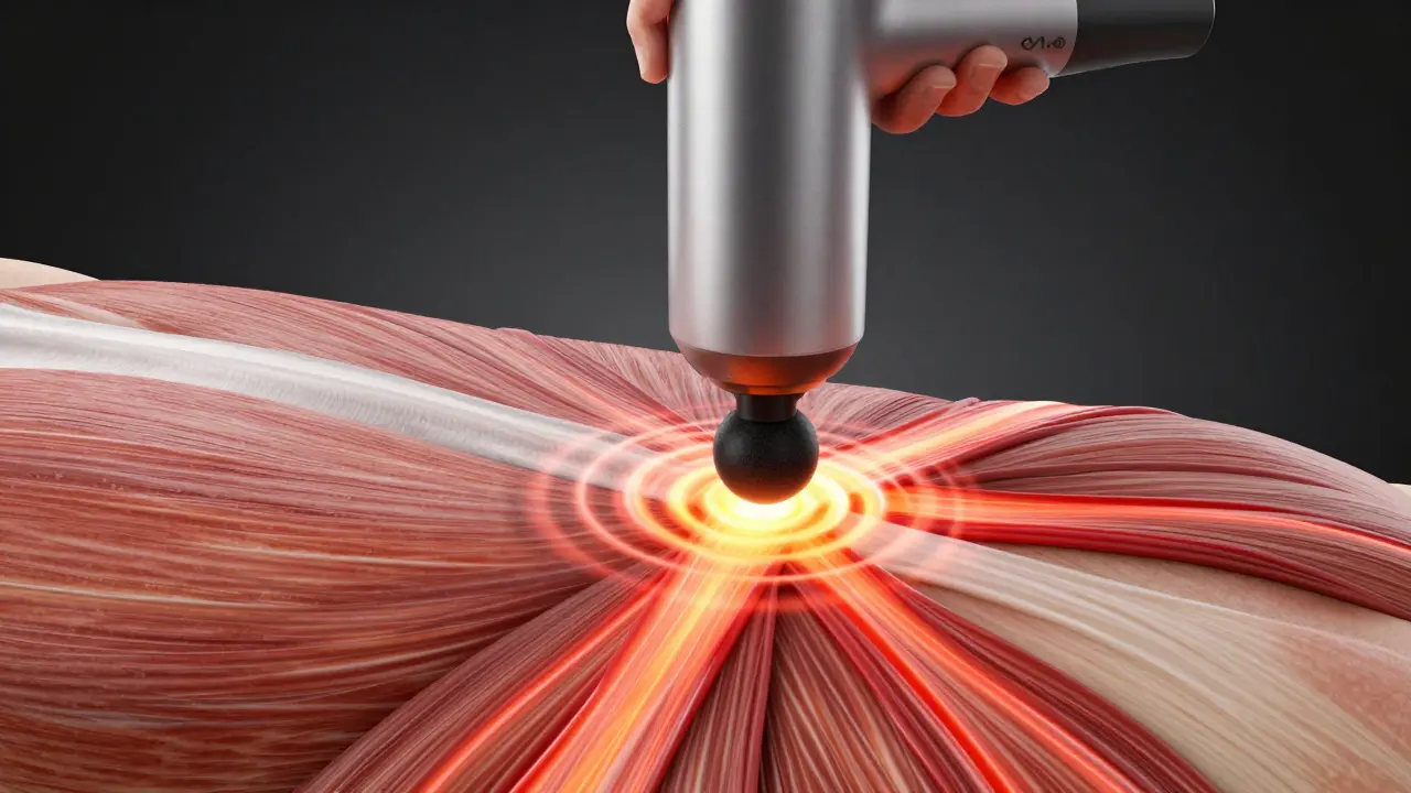 Minh họa 3D tác động của súng massage lên mô cơ và lưu thông máu