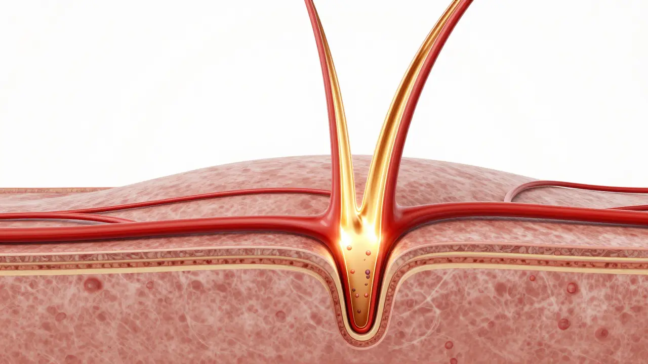 Minh họa dòng dưỡng chất và oxy nuôi dưỡng nang tóc từ sâu bên trong
