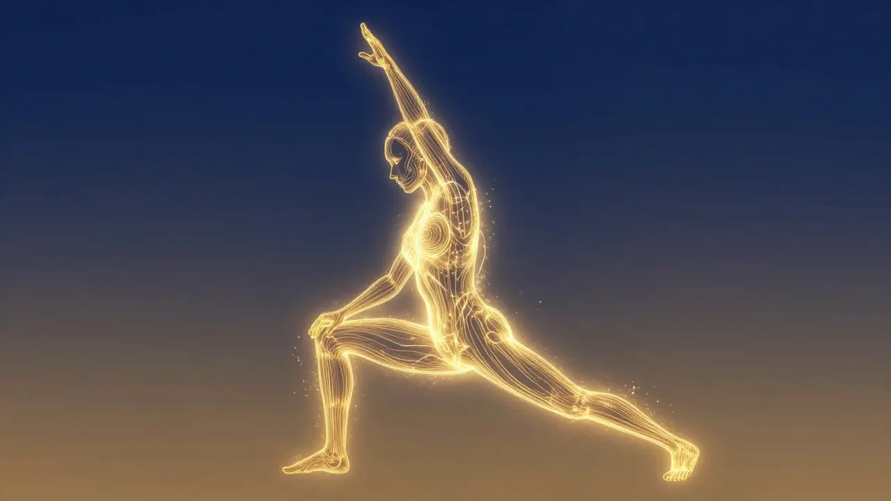 Minh họa nghệ thuật bóng người với dòng năng lượng vàng tỏa ra, biểu tượng giải phóng căng thẳng.
