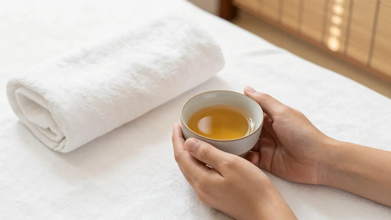 Một ly trà gừng ấm sau buổi massage Thái để thư giãn tuyệt đối