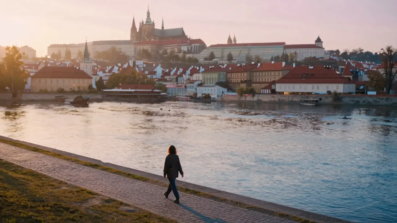 Người đi dạo bình yên bên bờ sông Vltava tại Prague trong ánh bình minh