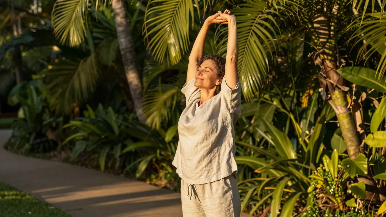Người phụ nữ vươn tay thoải mái trong vườn cây xanh, thể hiện sự linh hoạt và giảm đau.