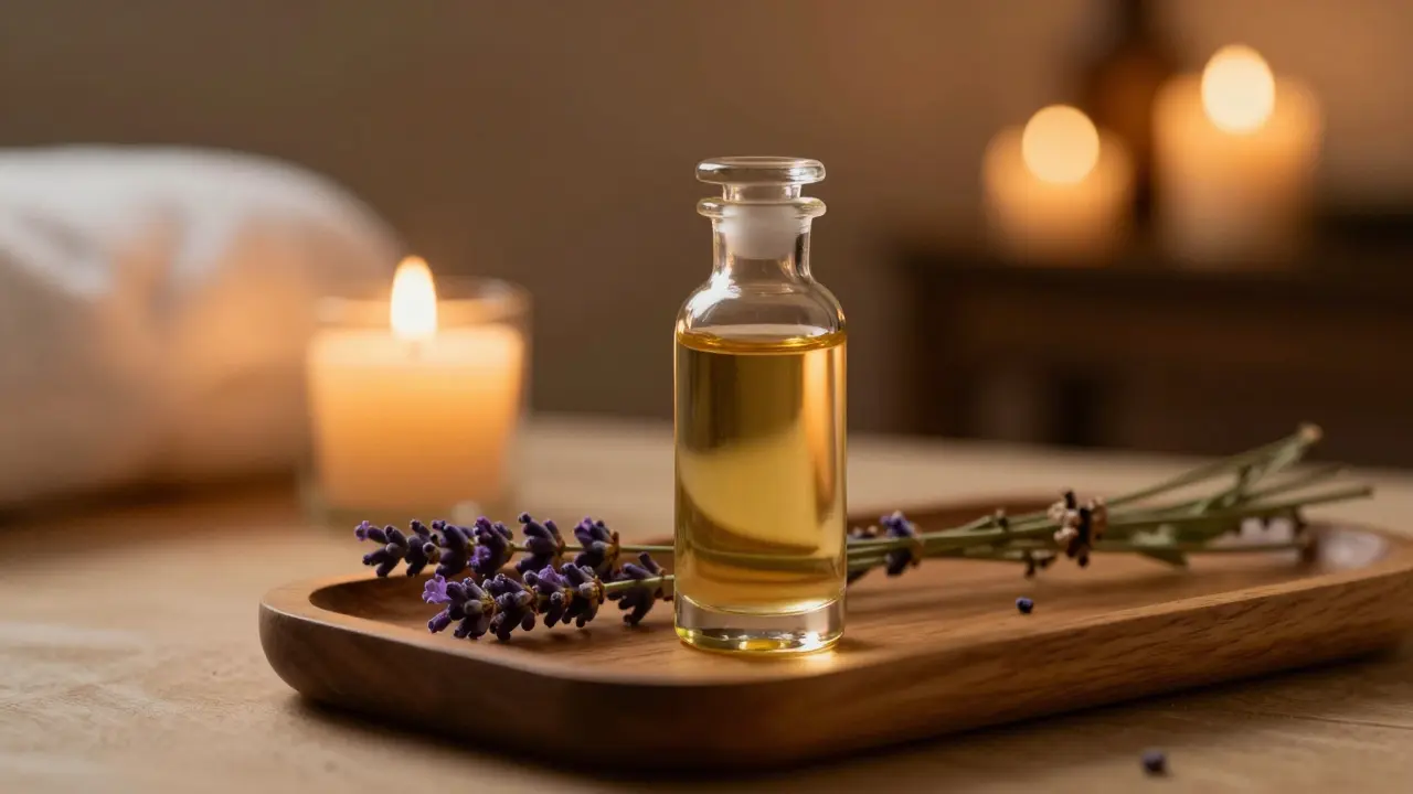 Tinh dầu massage và nến thơm trong không gian spa thư giãn