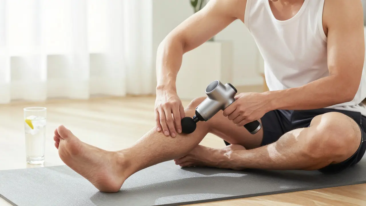 Vận động viên sử dụng súng massage phục hồi cơ bắp sau khi tập luyện