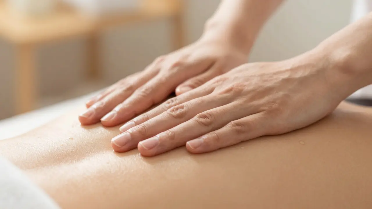 Bàn tay nhẹ nhàng thực hiện kỹ thuật massage thoát nước bì