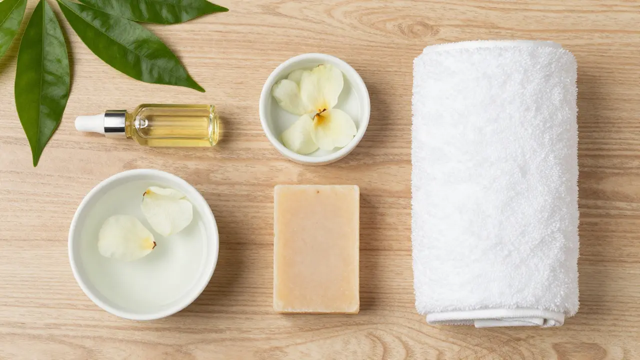 Các sản phẩm chăm sóc da và dầu mát-xa được sắp xếp gọn gàng