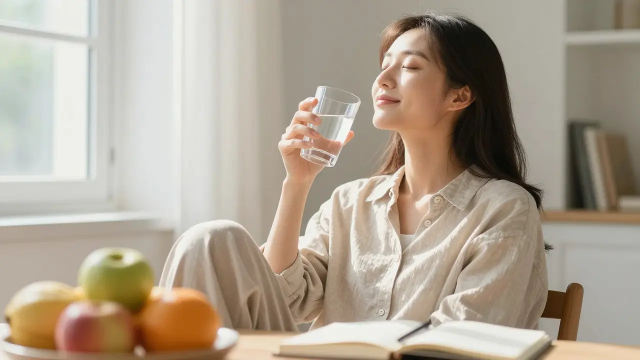 Người phụ nữ uống nước và hít thở sâu như một phần của quy trình chăm sóc sức khỏe sau mổ.