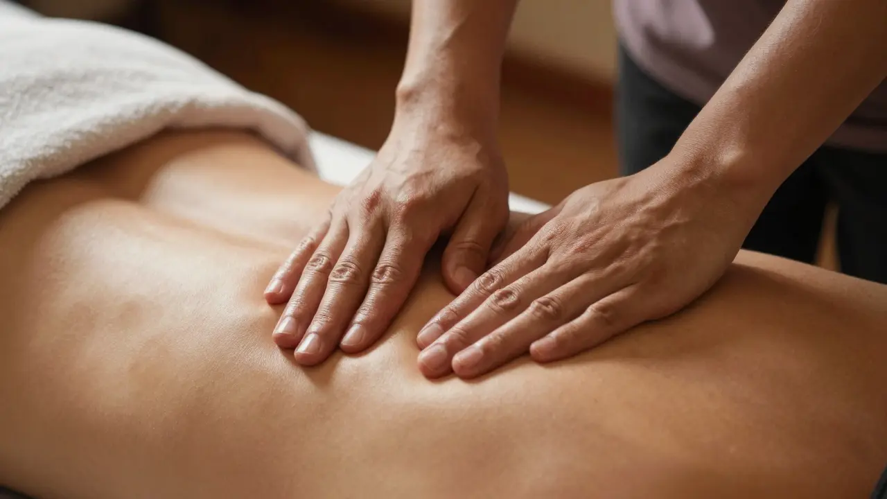 Tay chuyên gia ấn huyệt sâu vào cơ bắp khách hàng trong liệu pháp xoa bóp.