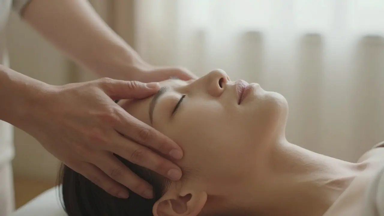 Bàn tay trị liệu đặt nhẹ nhàng lên trán bệnh nhân đang thư giãn sâu