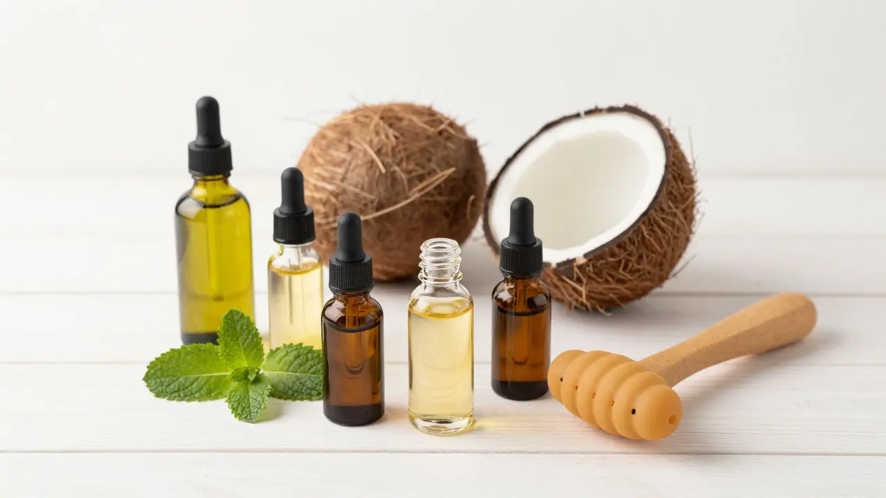 Các loại dầu massage thiên nhiên và dụng cụ chăm sóc tóc trên bàn gỗ
