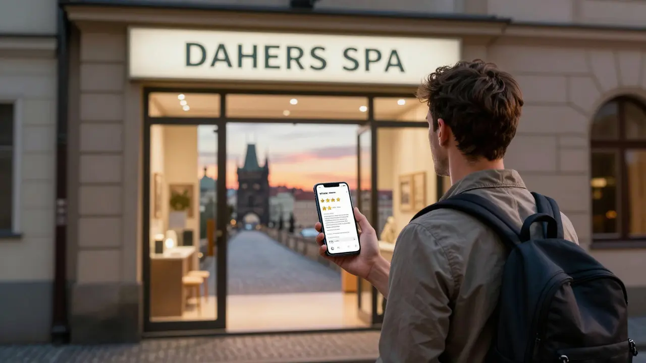 Du khách kiểm tra đánh giá spa trước khi vào cửa tại Prague