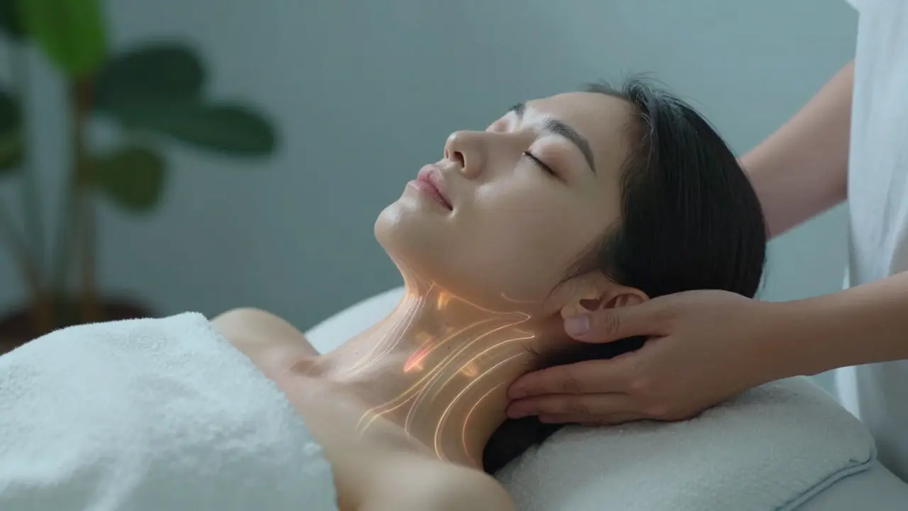 Hình ảnh khái niệm về lưu thông máu và giảm căng thẳng khi massage đầu