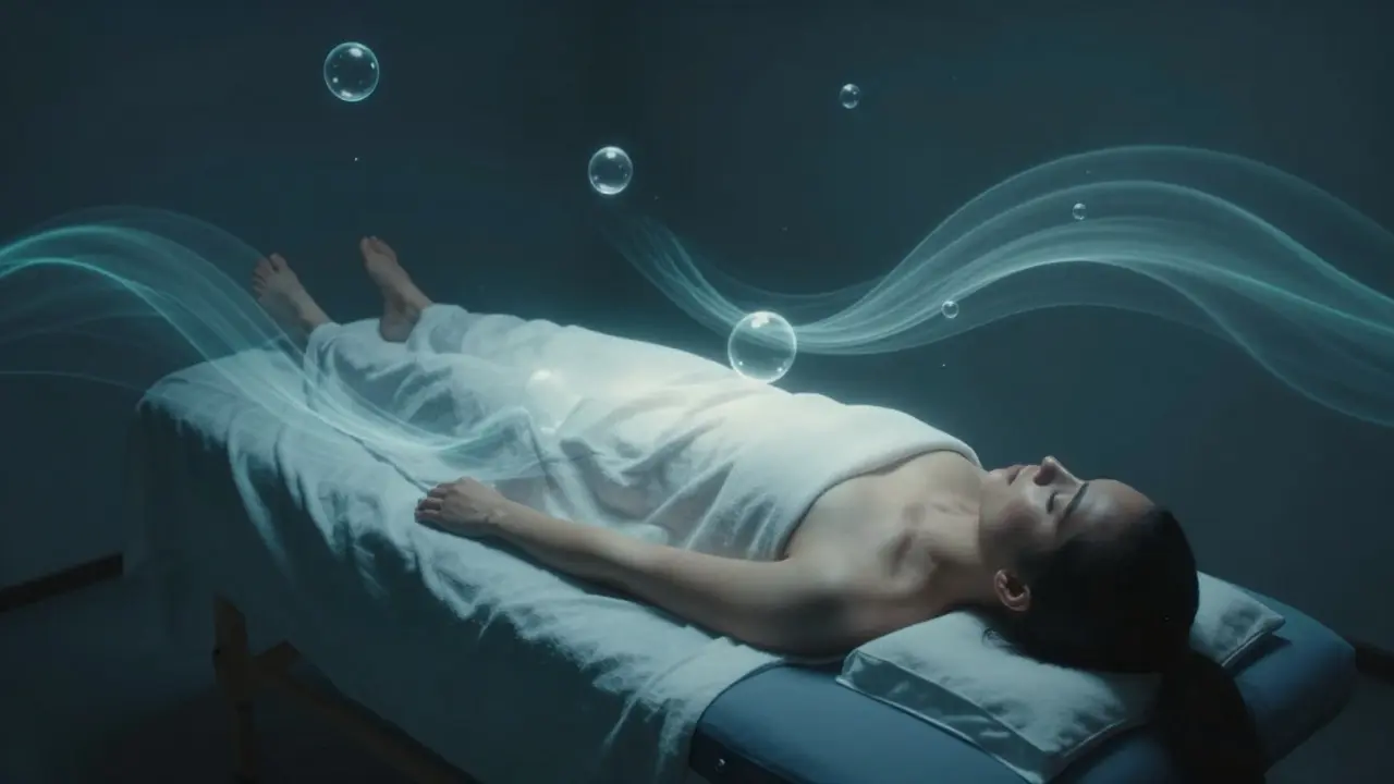 Người nằm thư giãn trên bàn massage trong ánh sáng dịu nhẹ, biểu tượng cho sự giảm căng thẳng