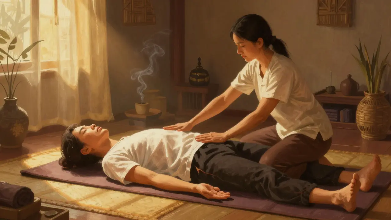 Phiên trị liệu massage yoga Thái Lan trên thảm trong phòng ấm cúng