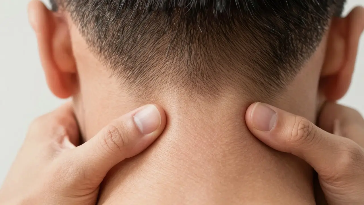 Bàn tay ấn huyệt đạo vùng gáy để giảm căng thẳng cơ bắp