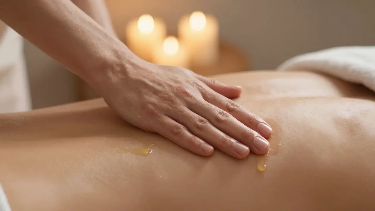 Bàn tay nhẹ nhàng massage lưng đối phương trong ánh sáng vàng dịu