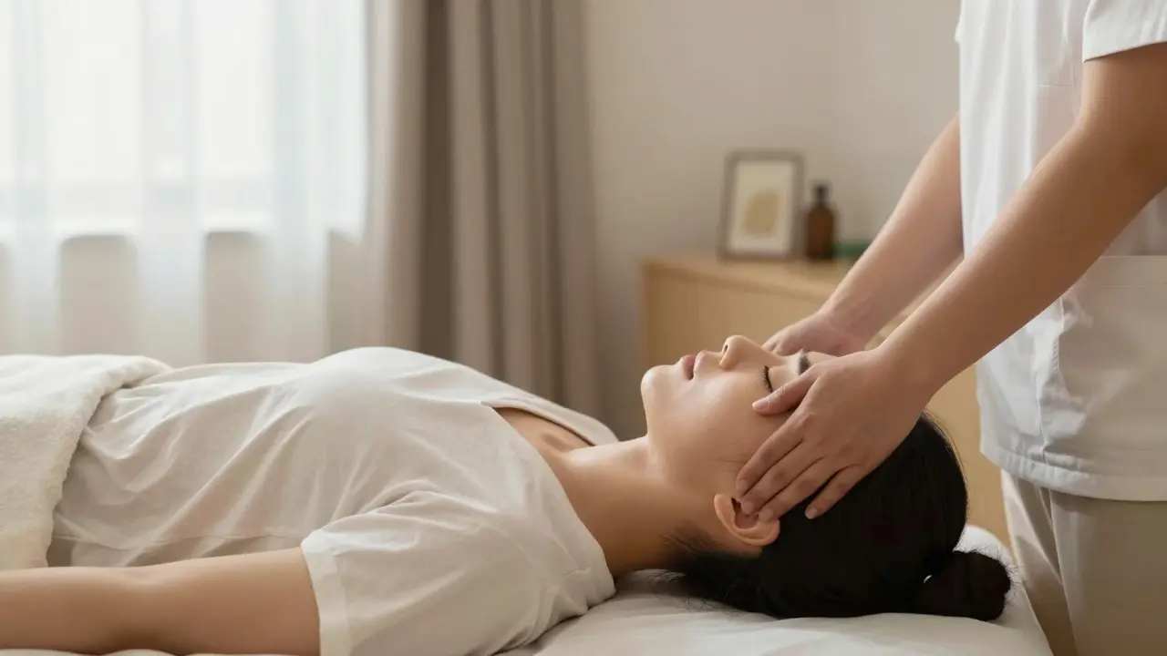 Bệnh nhân thư giãn trên giường trị liệu, tay chuyên gia hờ phía trên đầu và xương cùng