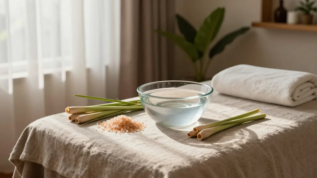 Cốc nước và muối Epsom trên bàn gỗ, biểu tượng cho việc chăm sóc sau massage