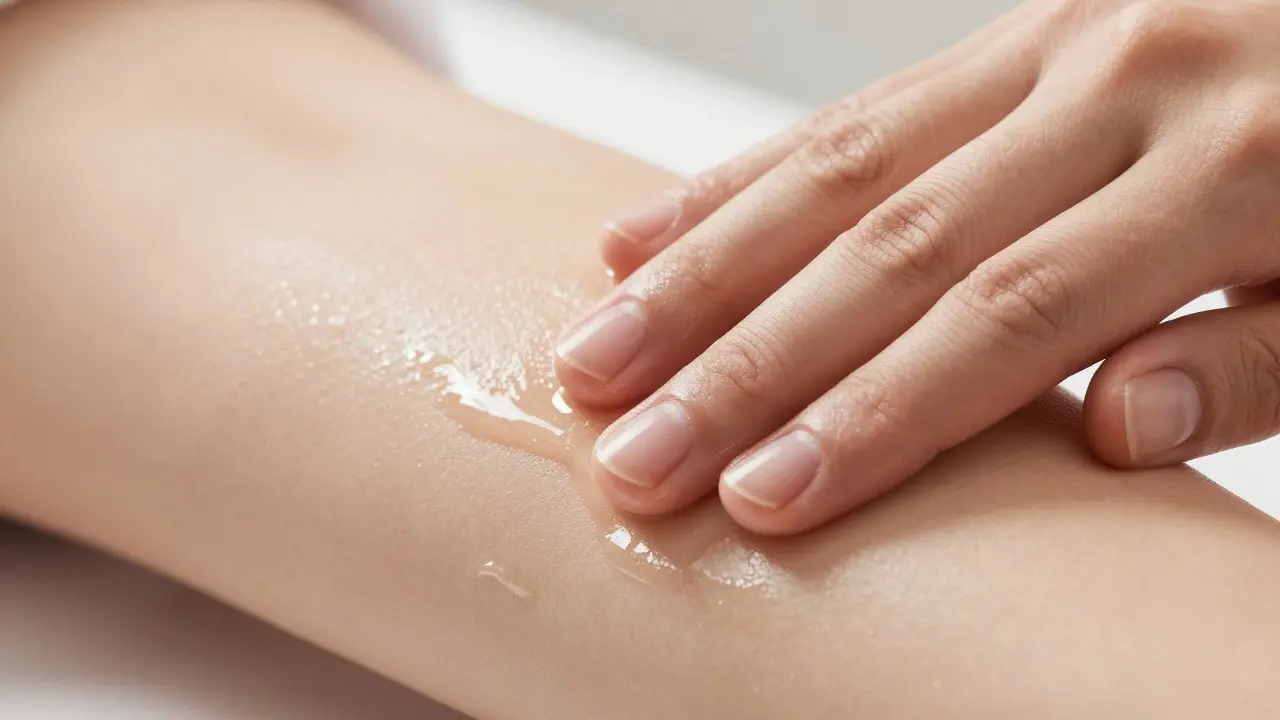 Đôi tay thực hiện động tác massage nhẹ nhàng lên cánh tay có thoa dầu