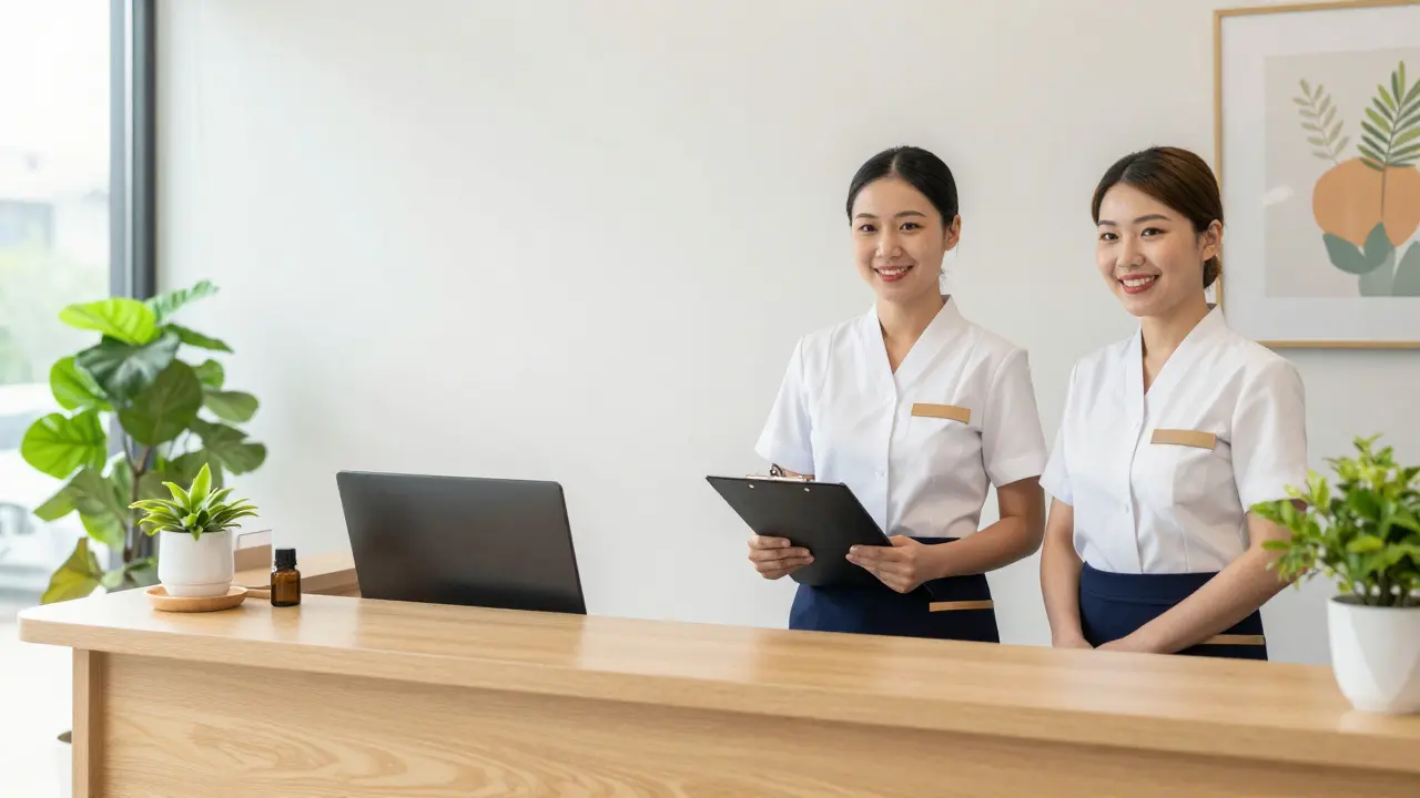 Lối vào spa uy tín với nhân viên mặc đồng phục chỉnh tề và không gian sáng sủa