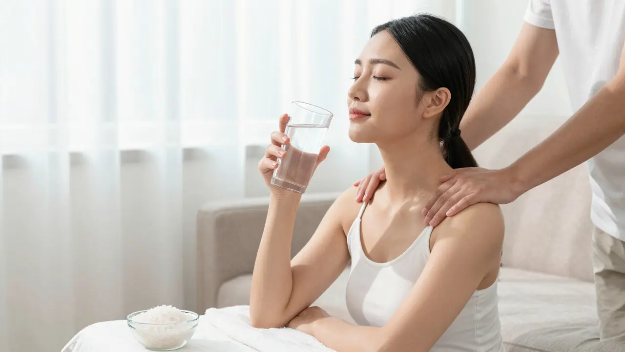 Người phụ nữ thư giãn và uống nước sau khi hoàn thành buổi massage trị liệu