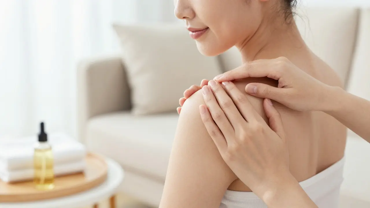 Phụ nữ tự massage vai nhẹ nhàng tại nhà để giảm căng thẳng và chăm sóc bản thân
