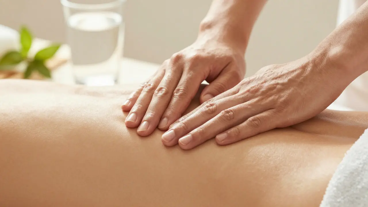 Bàn tay thực hiện kỹ thuật massage nhẹ nhàng lên cánh tay để thoát nước