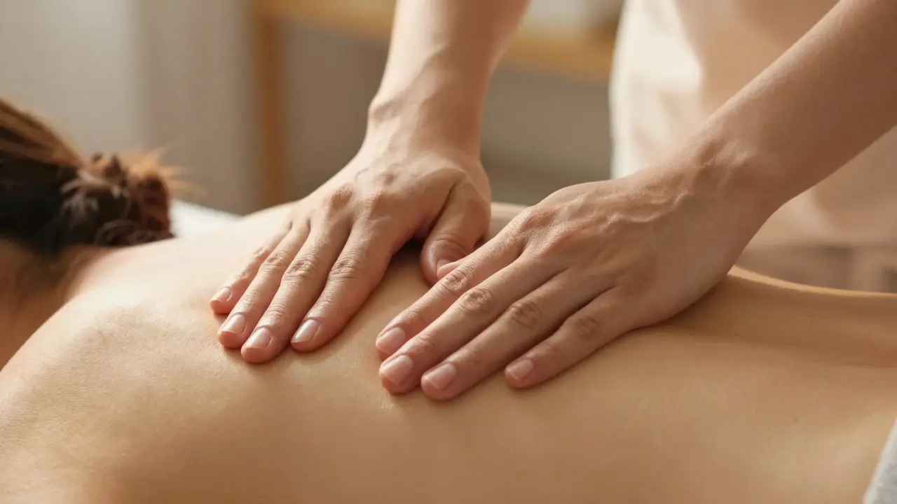 Bàn tay trị liệu đang massage nhẹ nhàng cho khách hàng nữ
