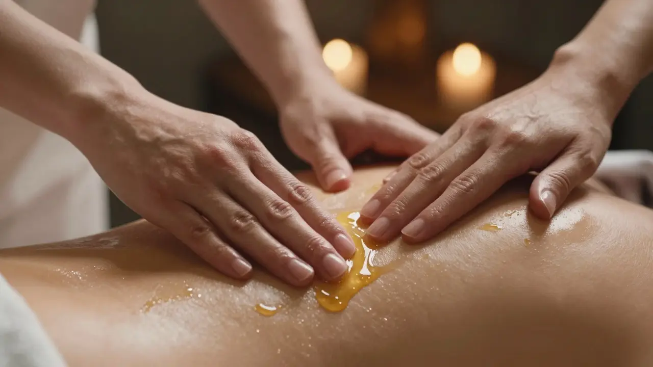 Bàn tay xoa dầu massage chậm rãi trên da trong ánh sáng dịu