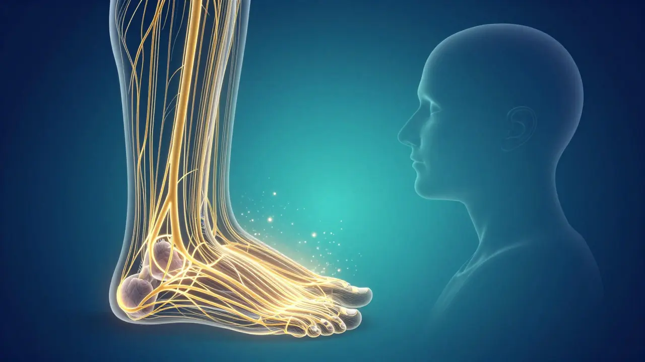 Hình ảnh khái niệm về kết nối thần kinh giữa bàn chân và não bộ, giảm căng thẳng