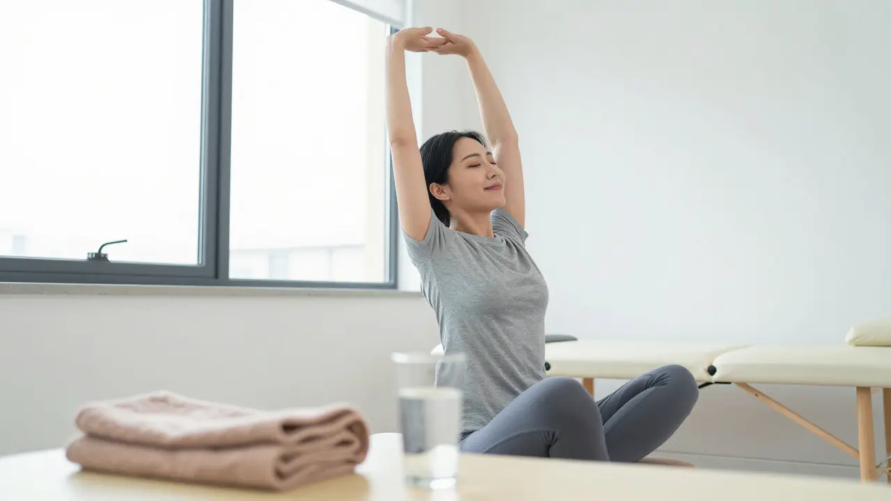 Người tập luyện vươn vai sau buổi massage, bên cạnh ly nước và khăn ấm