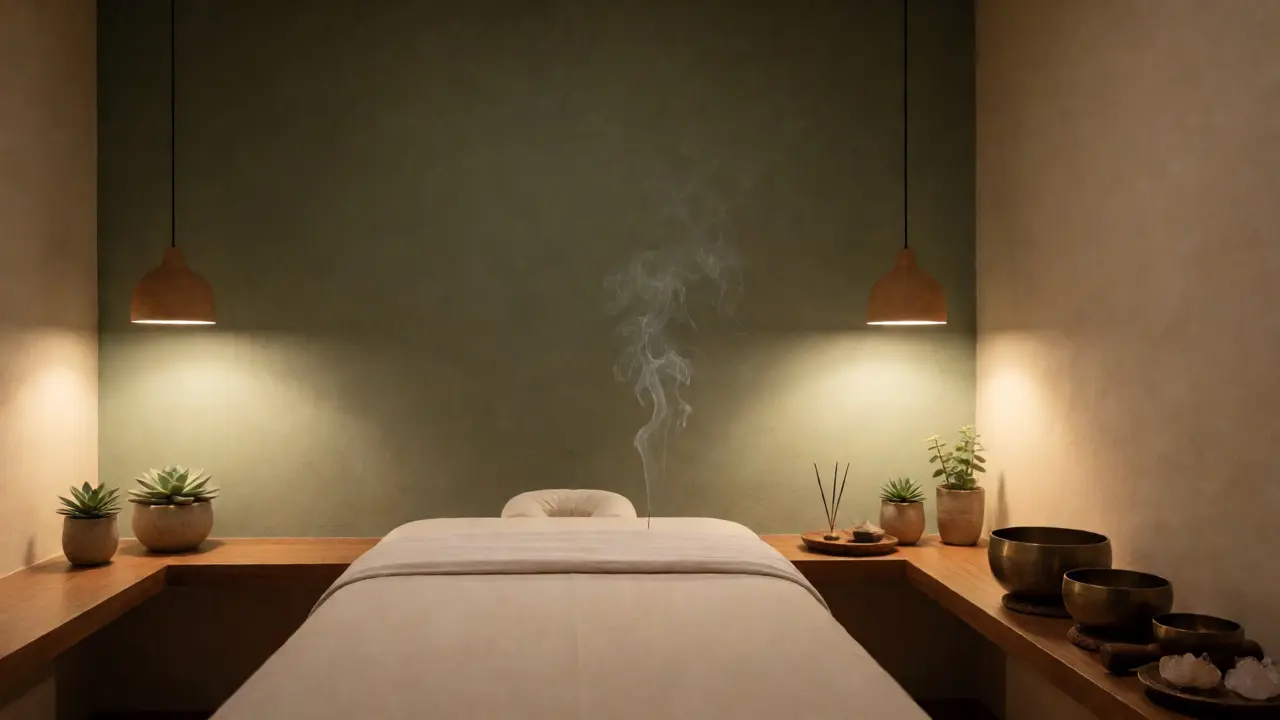 Phòng trị liệu phong cách Zen với ánh sáng ấm áp và nến thơm tạo cảm giác bình yên